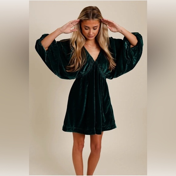 Free People Portia Velvet Mini Dress Babydoll Dress Cocktail Green NWT size S - Picture 3 of 8